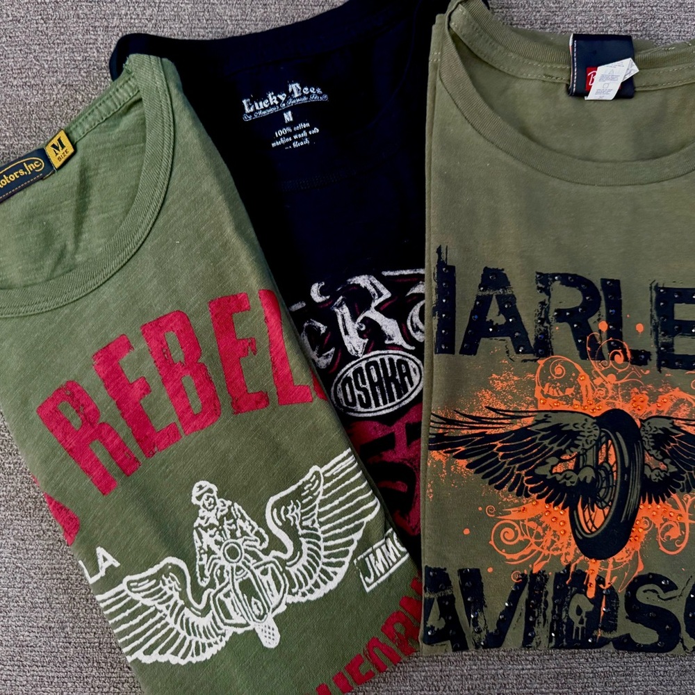 Set Of 3 Ladies Motorcycle Tees-Harley-Davidson, Johnson Motors, Lucky Brand